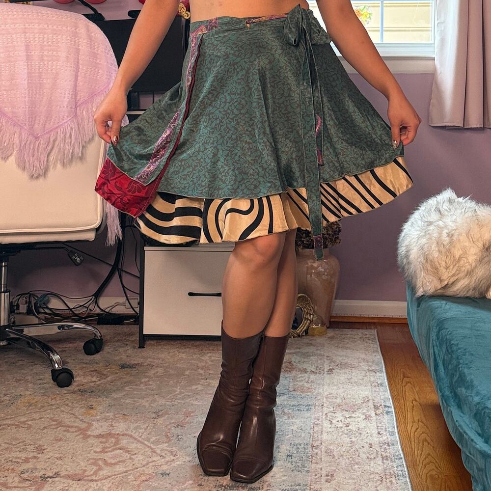 Vintage Y2K boho satin multicolored wrap midi skirt